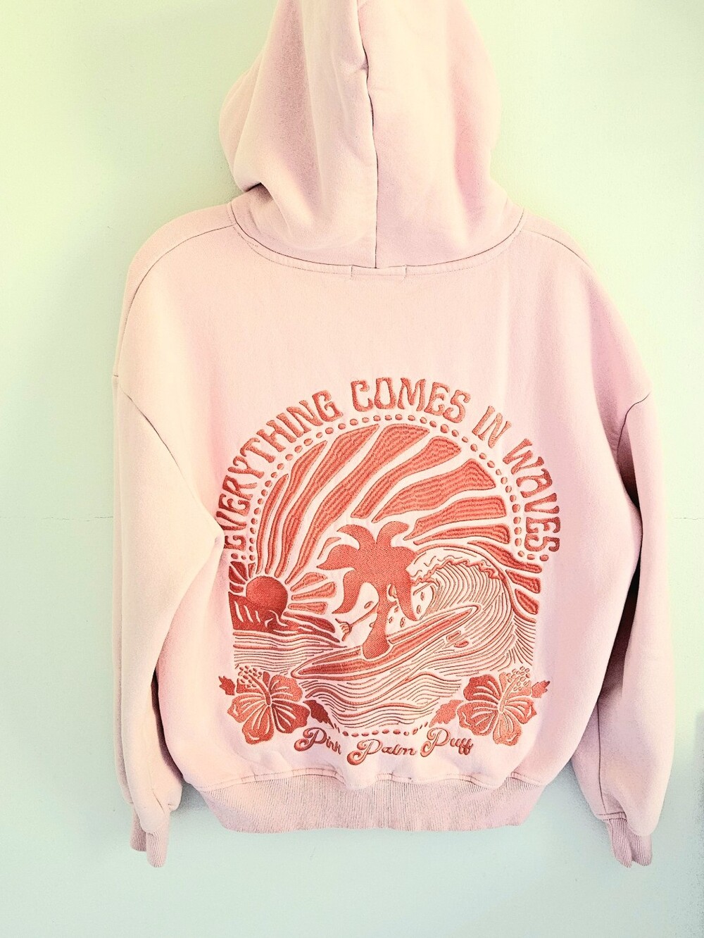 Pink Palm Puff Sweatshirt Everything Comes In Waves Hoodie